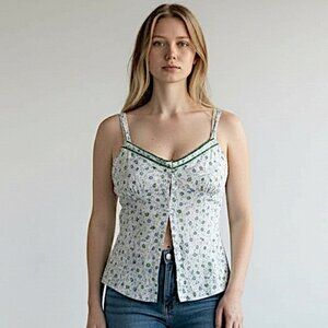 Y2K Babydoll Tank Top Ivory‎ Blue Green Floral Jrs Sz L VTG Cottagecore Cotton